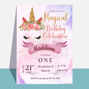 Pastel Floral Unicorn Kids First Birthday Party  Invitation Postcard