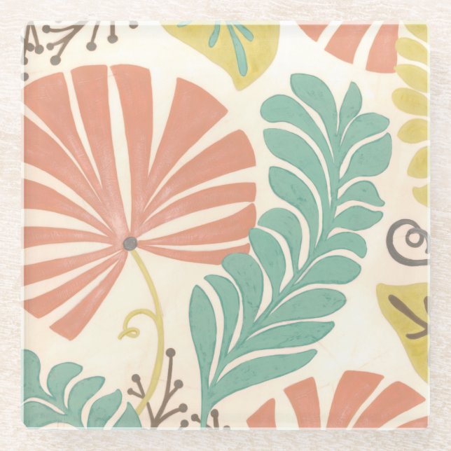Pastel Floral Vines and Leaves on Cream Background Glass Coaster (Front)
