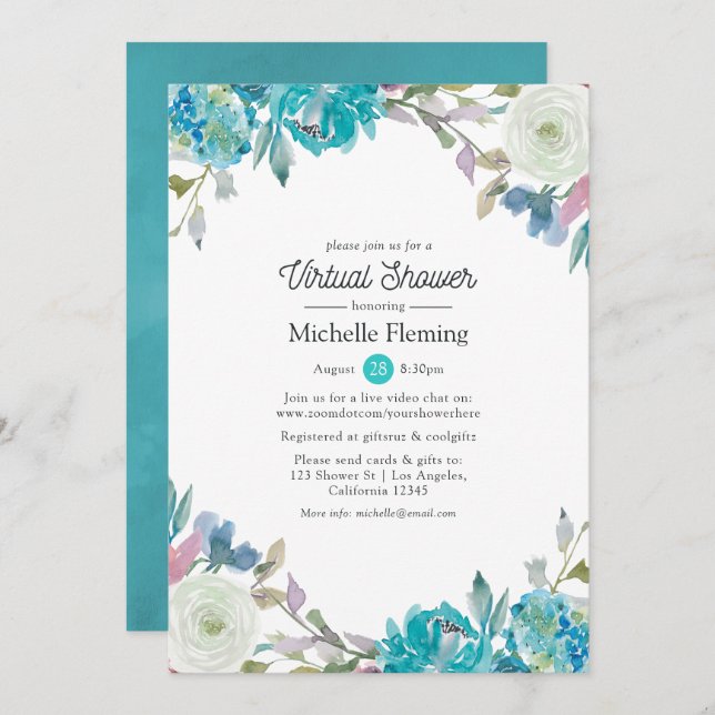 Pastel Floral Virtual Baby or Bridal Shower Invitation (Front/Back)