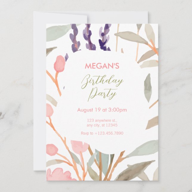 Pastel Floral Watercolor Brunch birthday Invitation (Front)