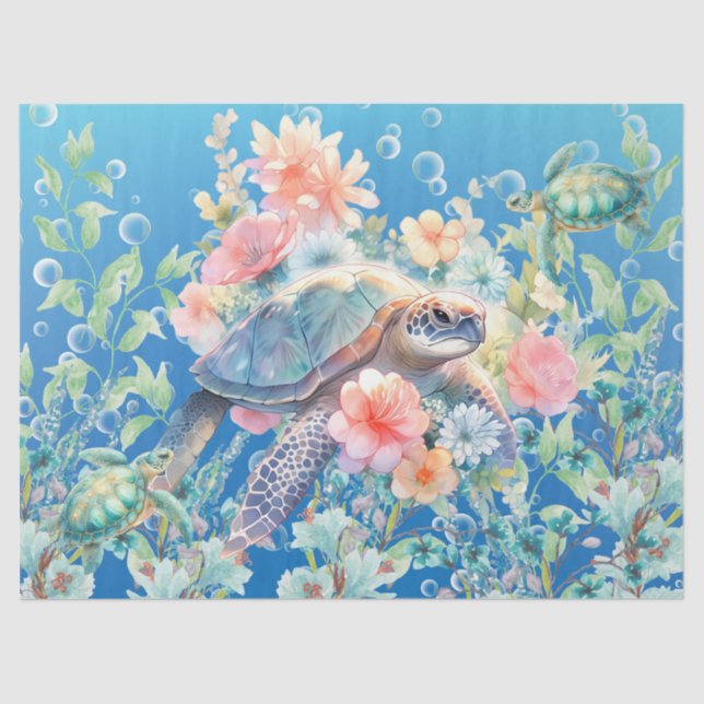Pastel Floral Watercolor Sea Turtles Decoupage Tissue Paper (Front)