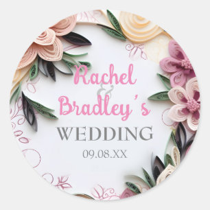 Pastel Floral Wedding Circle Frame Paper Quilling Classic Round Sticker