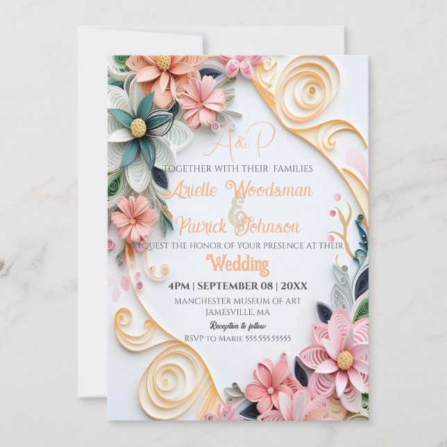 Pastel Floral Wedding Customise Paper Quill Frame  Invitation (Front)