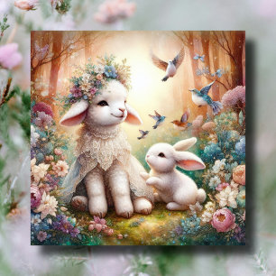Pastel Floral Woodland Bunny Lamb Christian Easter Holiday Card