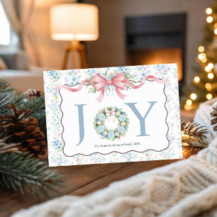 Pastel Floral Woodland Deer Pink Bow Joy Christmas Holiday Card