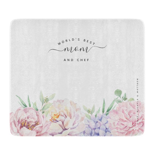 Pastel Floral | World's Best Mom and Chef Cutting Board (Front)