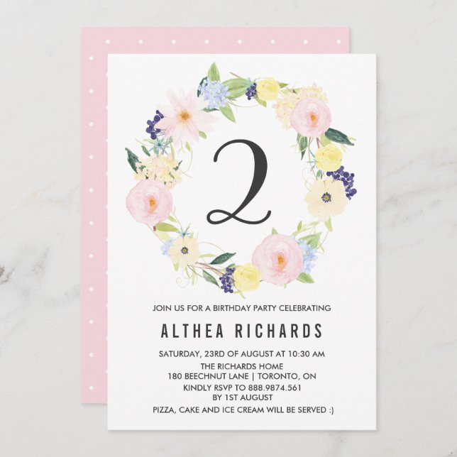 Pastel Floral Wreath Kids Birthday Party Spring Invitation (Front/Back)