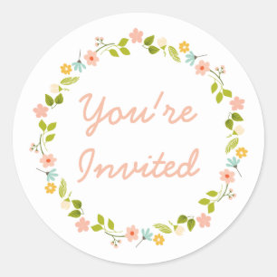 Pastel Floral wreath YOU'RE INVITED Classic Round Sticker