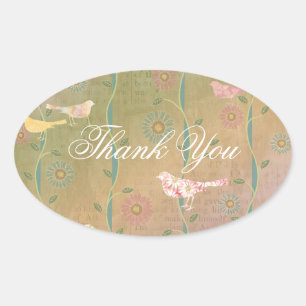 Pastel Flower Birds Thank You Oval Sticker