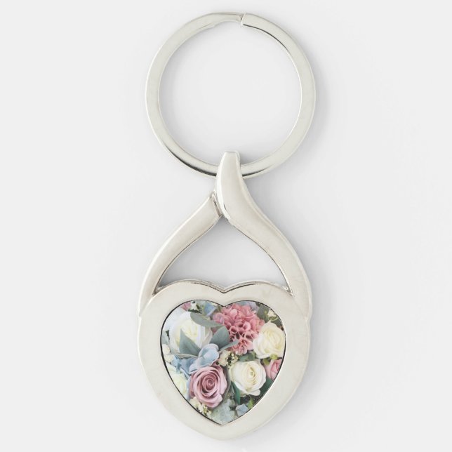Pastel Flower Bouquet Heart Shaped Key Ring (Front)
