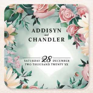 Pastel Flower Elegance: Sage Green Floral Wedding Square Paper Coaster