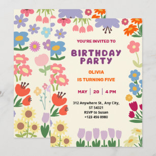 Pastel Flower Floral Birthday Five Girl Invitation