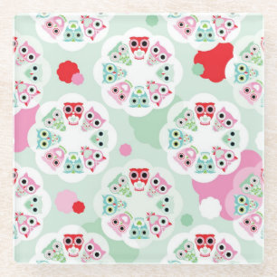 pastel flower owl background pattern glass coaster