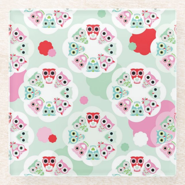 pastel flower owl background pattern glass coaster (Front)
