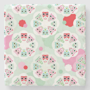 pastel flower owl background pattern stone coaster