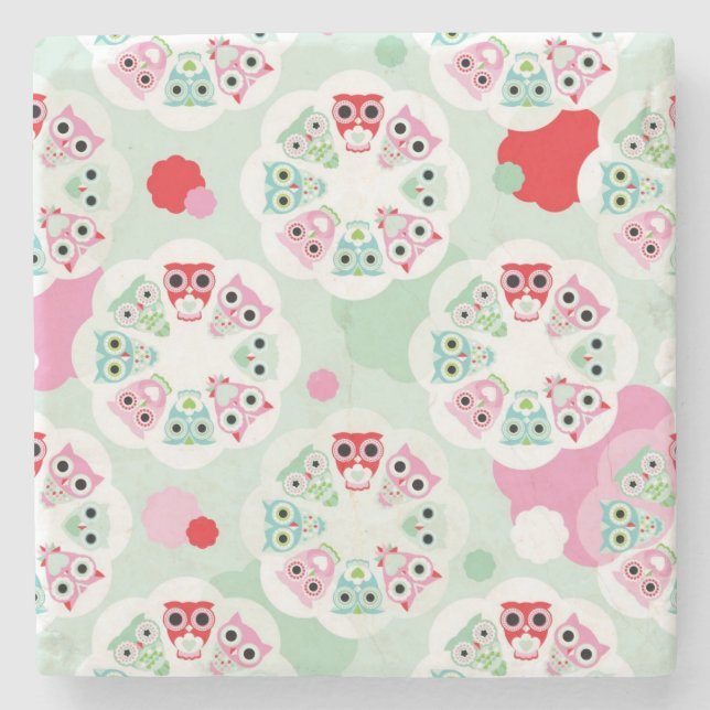 pastel flower owl background pattern stone coaster (Front)