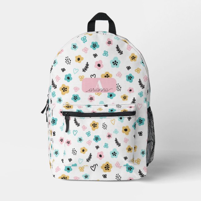 Pastel Flower Pattern Retro Floral Personalised Printed Backpack (Front)
