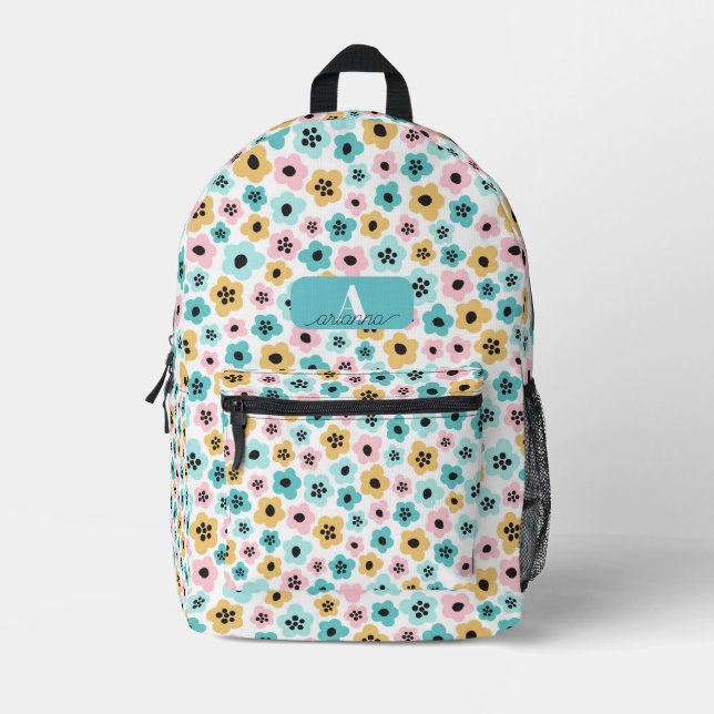 Pastel Flower Pattern Retro Floral Personalised Printed Backpack (Front)