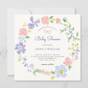 Pastel flower wreath with butterflies baby shower invitation