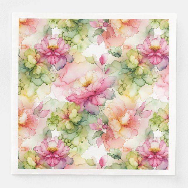 Pastel Flowers Alcohol Ink Illustration  Napkin (Front)