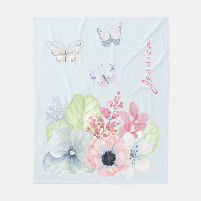 Pastel Flowers and Butterflies Fleece Blanket (Front)