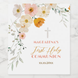 Pastel flowers and greenery First Holy Communion  Wine Label