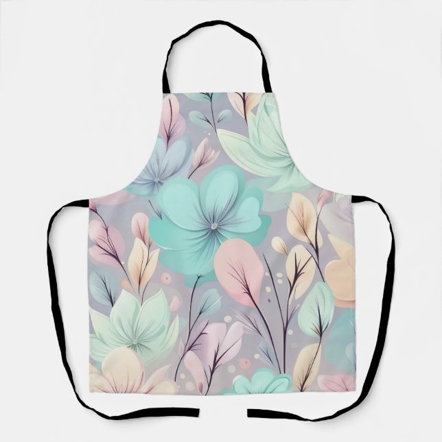 Pastel Flowers and Leaves on Purple Background Apron (Front)