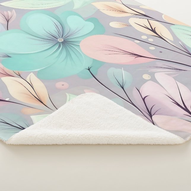 Pastel Flowers and Leaves on Purple Background Sherpa Blanket (3/4)