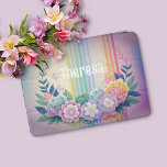 Pastel Flowers and Rainbow Stripes iPad Mini Cover<br><div class="desc">Your name above a wreath of pastel flowers. The unicorn ombre background has pastel rainbow stripes.</div>