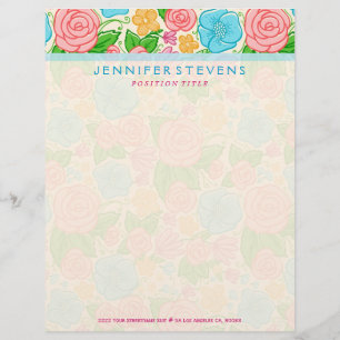 Pastel Flowers and Roses In Pink Blue And Beige Personalized Letterhead