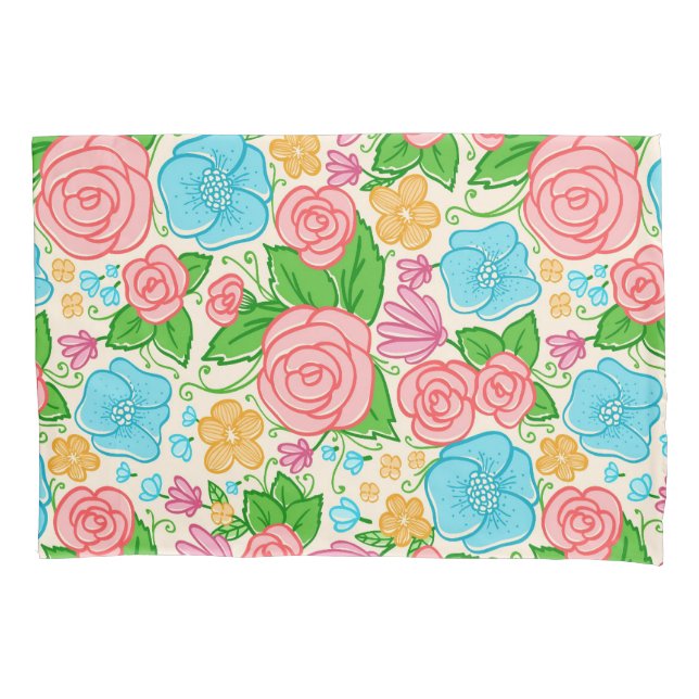 Pastel Flowers and Roses- Pink Blue And Beige Pillowcase (Front)