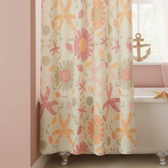 Pastel Flowers And Starfish On Cream Shower Curtain (Feminine and cute curtain for the playful side of anyone. If you are a beach lover, this is for you.)