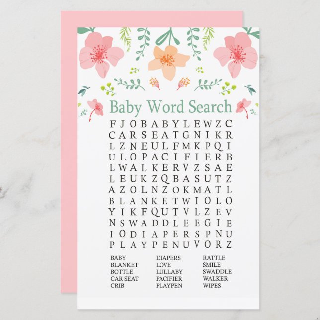 Pastel flowers Baby Shower Word Search Game (Front/Back)