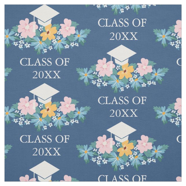 Pastel Flowers Blue Graduation Class of Pattern Fabric (Swatch)