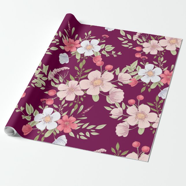 Pastel Flowers Floral Print on Elegant Burgundy Wrapping Paper (Unrolled)