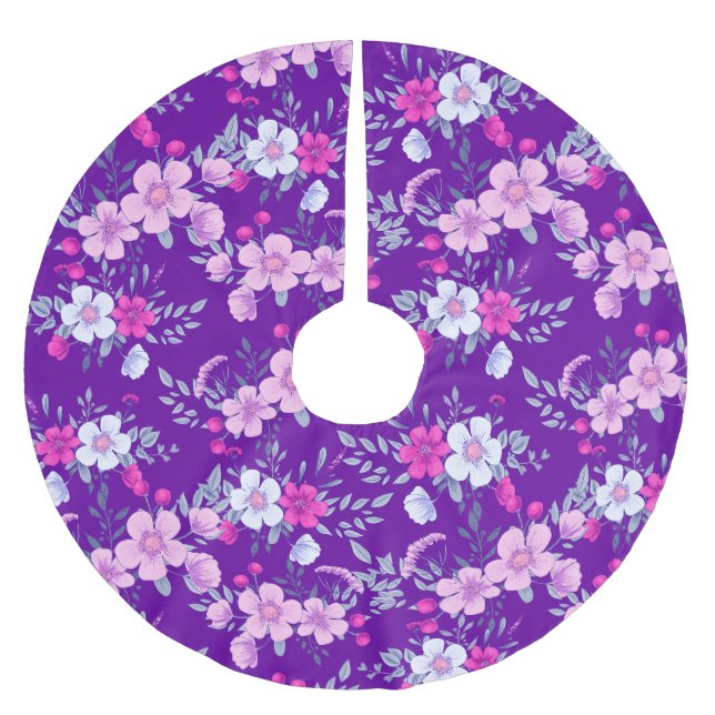 Pastel Flowers Floral Print on Elegant Purple Brushed Polyester Tree Skirt (Front)