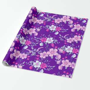 Pastel Flowers Floral Print on Elegant Purple Wrapping Paper