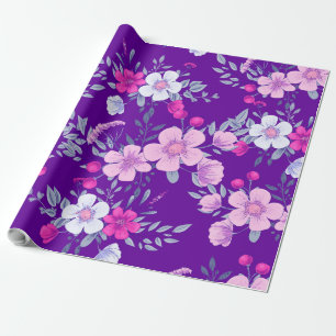 Pastel Flowers Floral Print on Elegant Purple Wrapping Paper