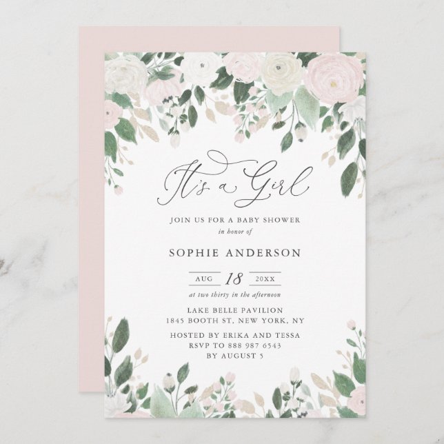Pastel Flowers Glitter It's a Girl Baby Shower Invitation (Front/Back)