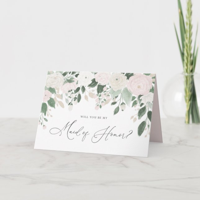 Pastel Flowers Glitter Maid of Honour Proposal Card (Front)