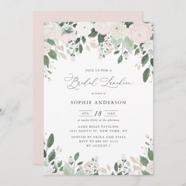 Pastel Flowers Gold Glitter Leaves Bridal Luncheon Invitation (Front/Back)