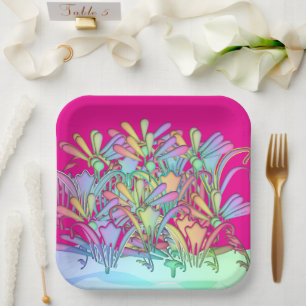 Pastel Flowers Hot Pink Paper Plate