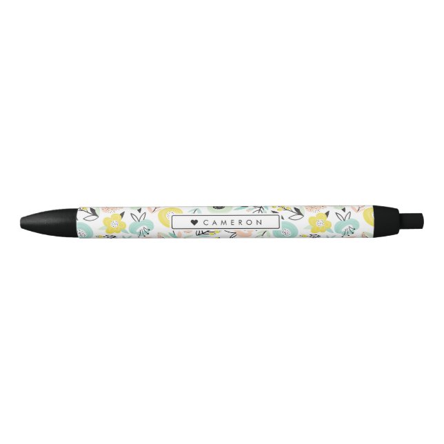 Pastel Flowers in Bloom Pattern Personalised Black Ink Pen (Front)