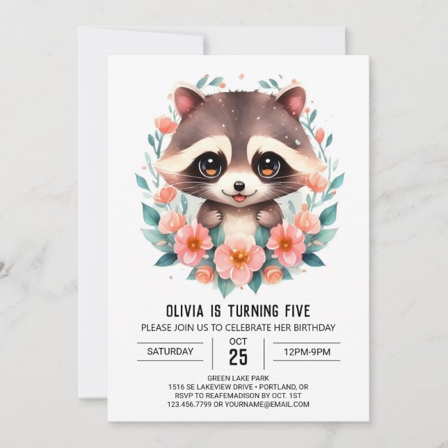  Pastel Flowers Racoon Girl Birthday Invitation (Front)