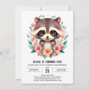  Pastel Flowers Racoon Girl Birthday Invitation