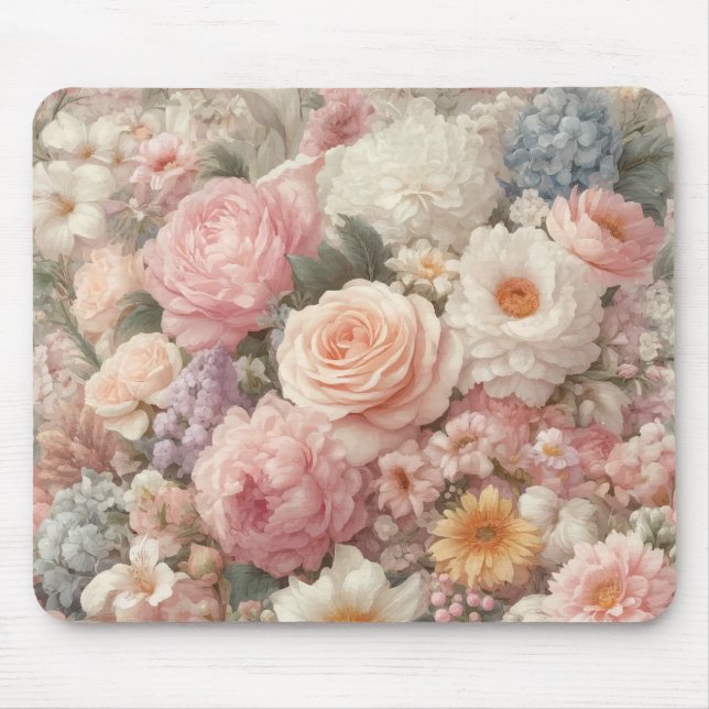 Pastel Flowers Shabby Chic Rose Floral Pattern Mouse Pad (Front)