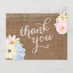 pastel flowers thank you card, burlap lace yellow postcard