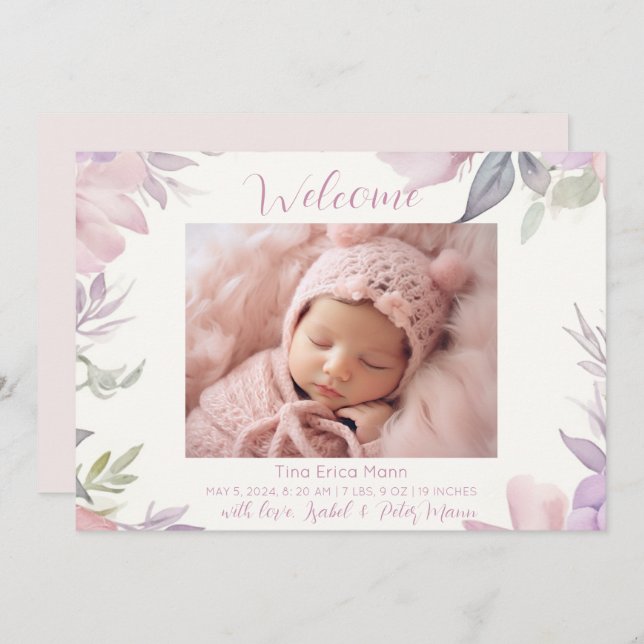 Pastel Flowers Welcome Baby Girl Birth  Announcement (Front/Back)