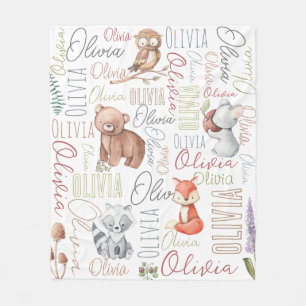 Pastel forest animals personalised name collage   fleece blanket