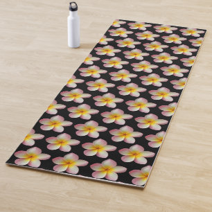 Pastel Frangipani Plumeria Flowers on Black Yoga Mat